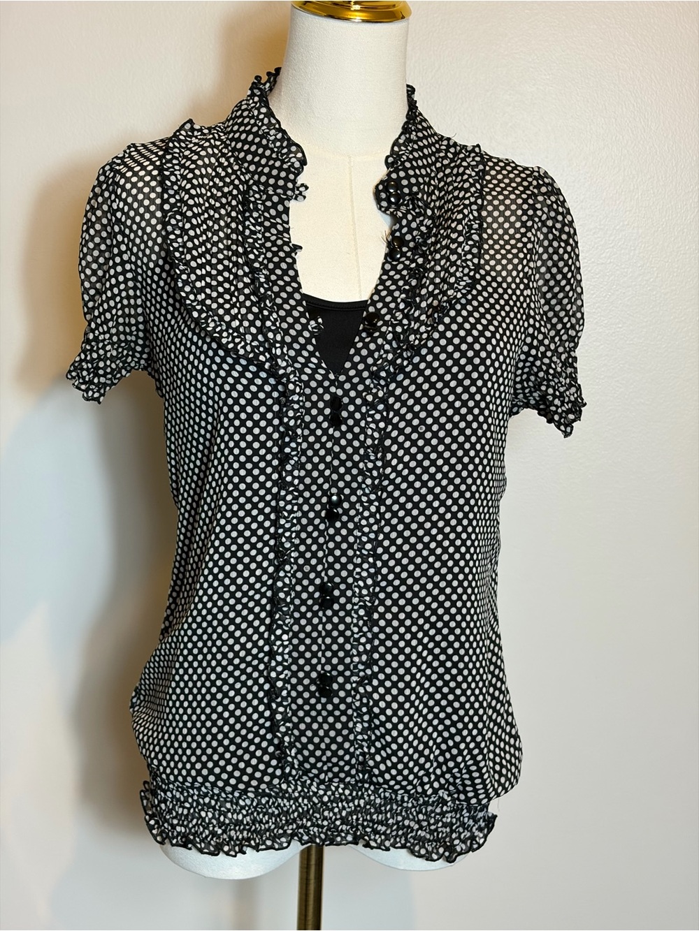 Black and White Polka Dot Ruffle Button-Front Women's Top With Camisole Lining L